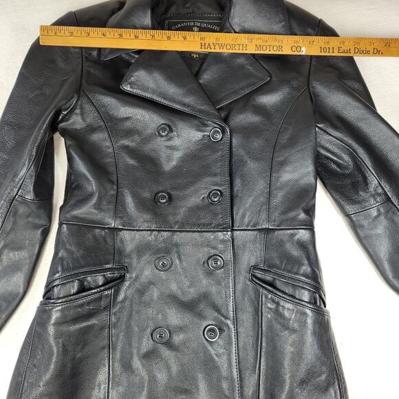 Express Garantie De Qualite Womens Sz Small Jacket Black Leather Coat Buttons - Picture 8 of 16